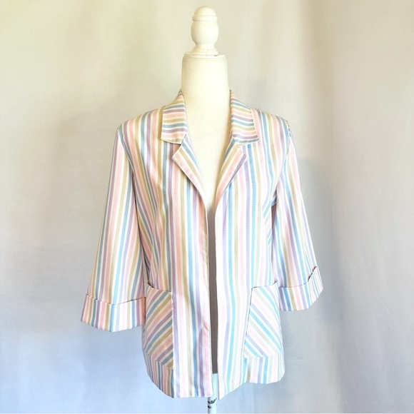 SOLD! Vintage Retro Pastel Rainbow Stripe Open Blazer Jacket Lightweight - Picture 1 of 12